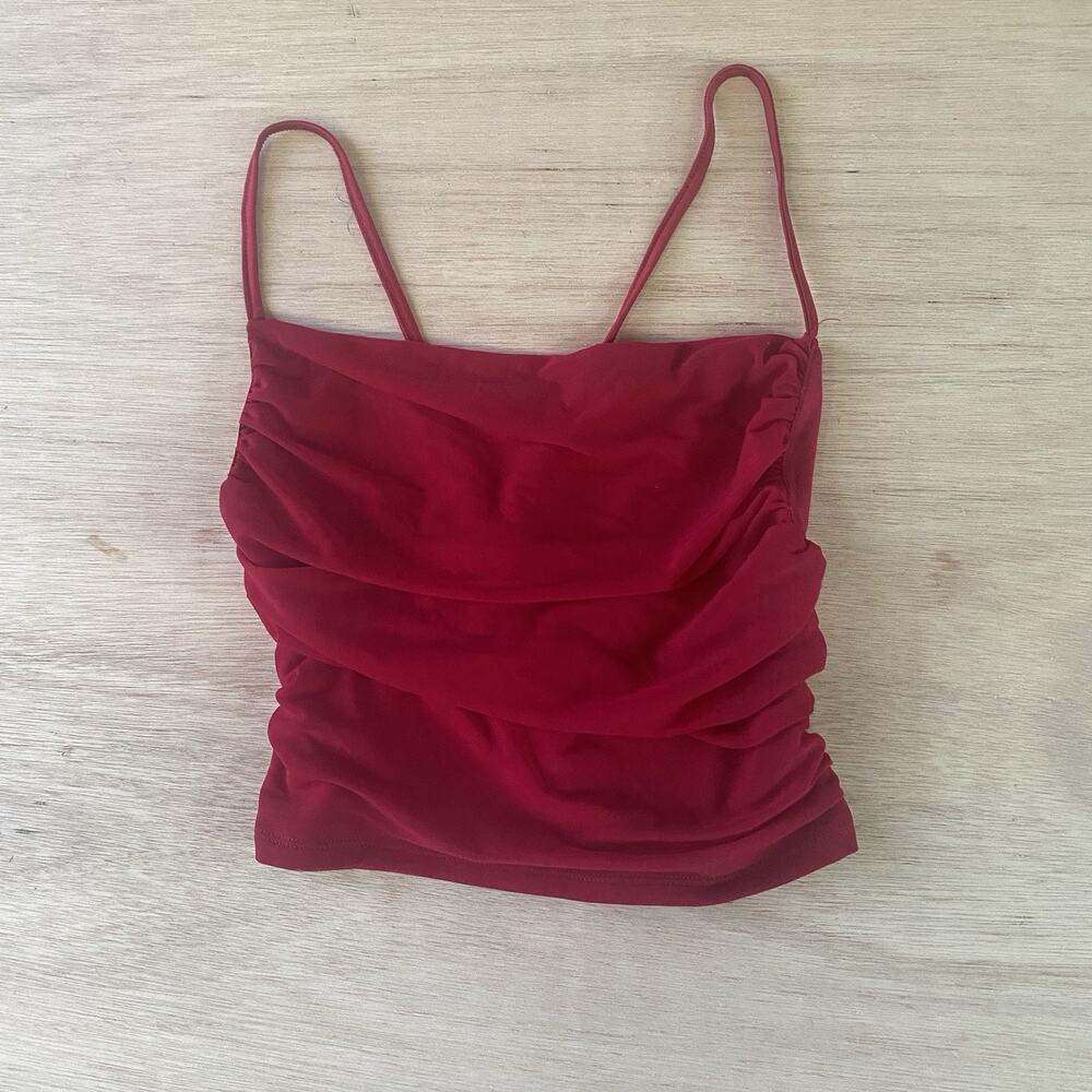 Sheer Red Cropped Tank Top with Ruched Front Detail and Adjustable Straps M